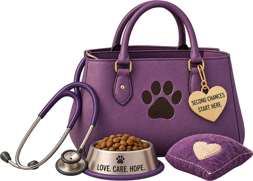 A purple handbag with a paw print and a brass "second chances start here" charm, beside a stethoscope, a bowl of food marked "love, care, hope" and a small cushion